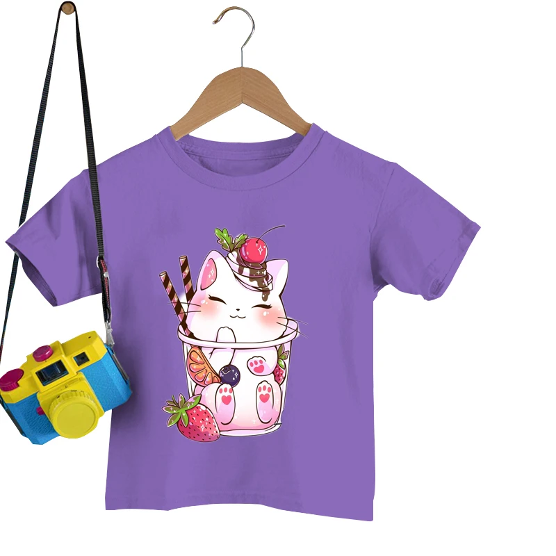 

Футболка детская с принтом молочного чая и кота, оверсайз