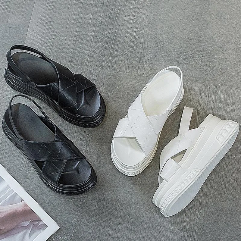 Cross Strapping 7cm Platform Women Sandals Genuine Leather 2023 New Summer Sewing Simplicity Women Ladies Wedge Chunky Shoes