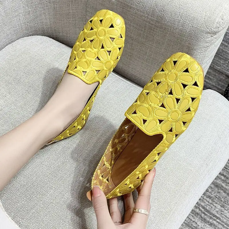 

Cheap Square Toe Yellow Loafers Woman Summer Leather Moccasins Soft Casual Women's Wide Fit Emboridery Shoes Ladies Ballet Flats