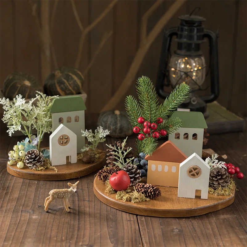 

TingKe American wooden simulation plant mushroom micro-landscape ornaments Japanese-style home decoration wooden house ornaments