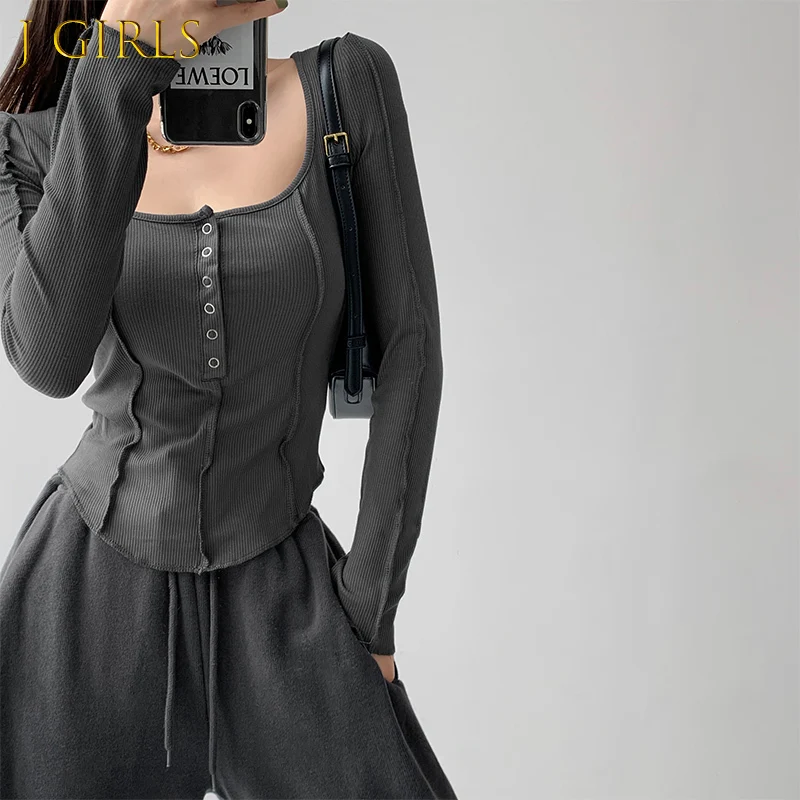 

J GIRLS Cropped Long Sleeve T-shirts Low Collar Button Design Slim Female Skinny Sexy Ladies High Street Korean Fashion Ins