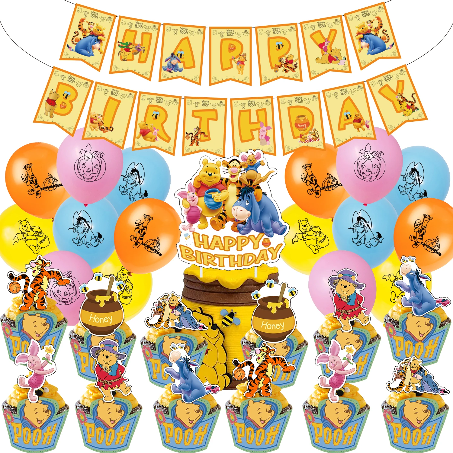 Winnie The Pooh Theme Party Decoration Happy Birthday Cute Banner Cake Topper Latex Balloon Baby Shower Supplies