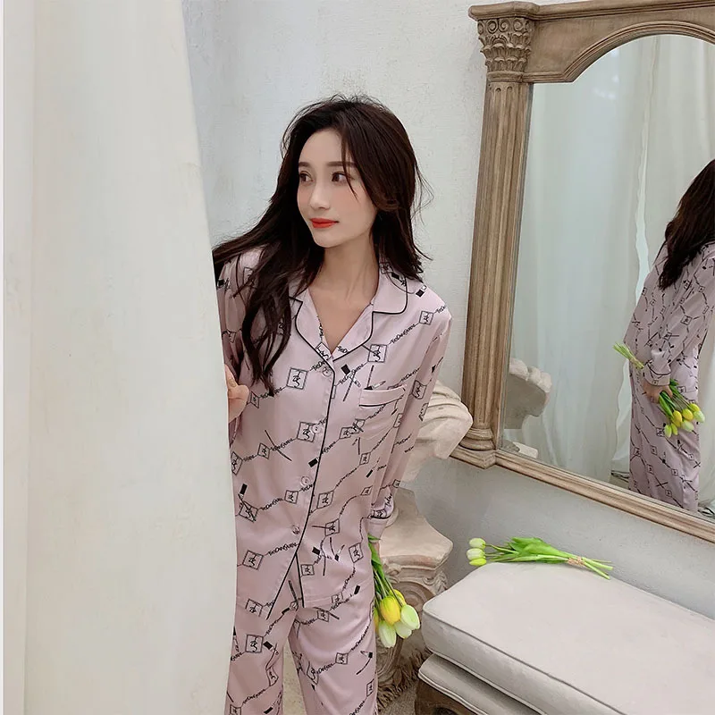 Women's Printed Satin Pajama Set Light Purple Silk Pajamas Suit Female Sleepwear