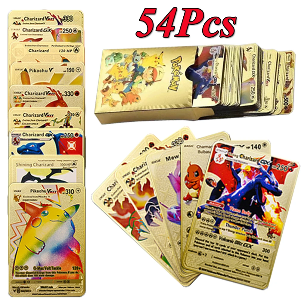 27/54pcs English/Spanish Pokemon Cards Metal Gold Cards Box Golden Letters Cards Metalicas Vmax GX Collection Game Card Case Toy