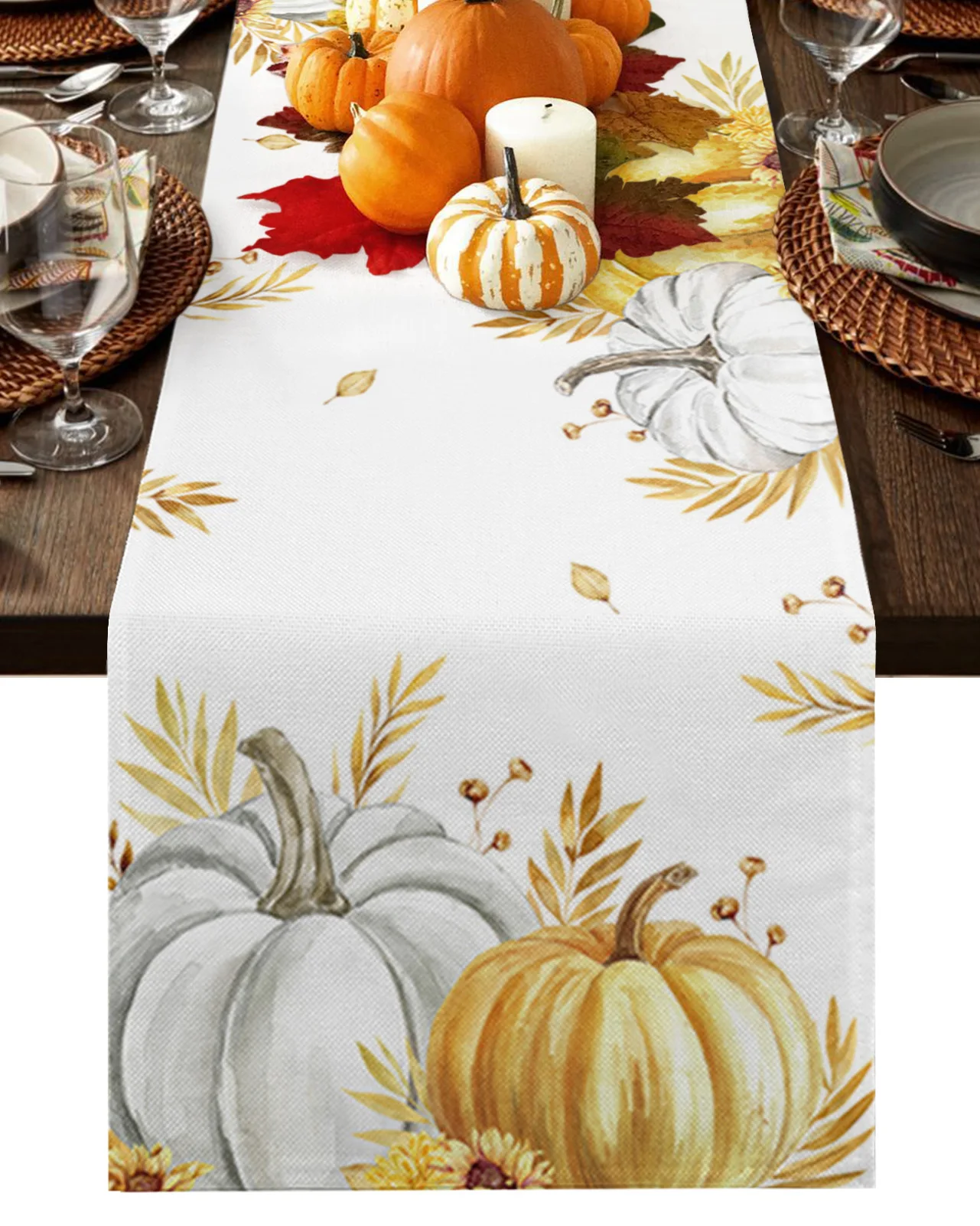 

Home Decor Table Runner Wedding Decoration Tablecloth Kitchen Table RunnersThanksgiving Pumpkin Harvest Leaves In Autumn