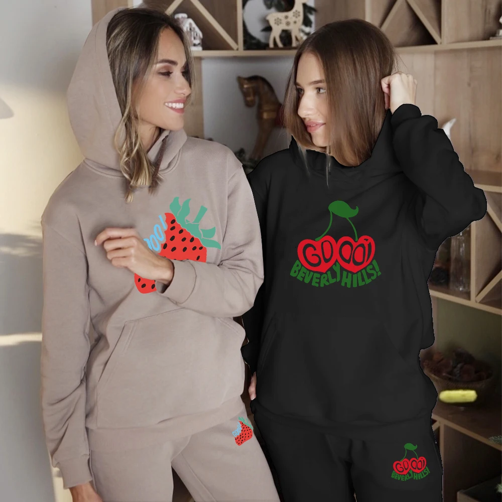 

Women Warm Cherry Strawberry Cute Brand Letter Printed Hoodie Fleece Tracksuits Hoodies and Pants Set Pullover Sport Clothing