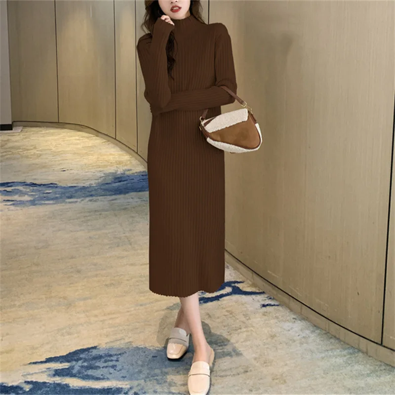 

Autumn and Winter Underwear Sweater Skirt Temperament Over Knee Slim Long Dress with Coat Underlay Knitted Dress for Women