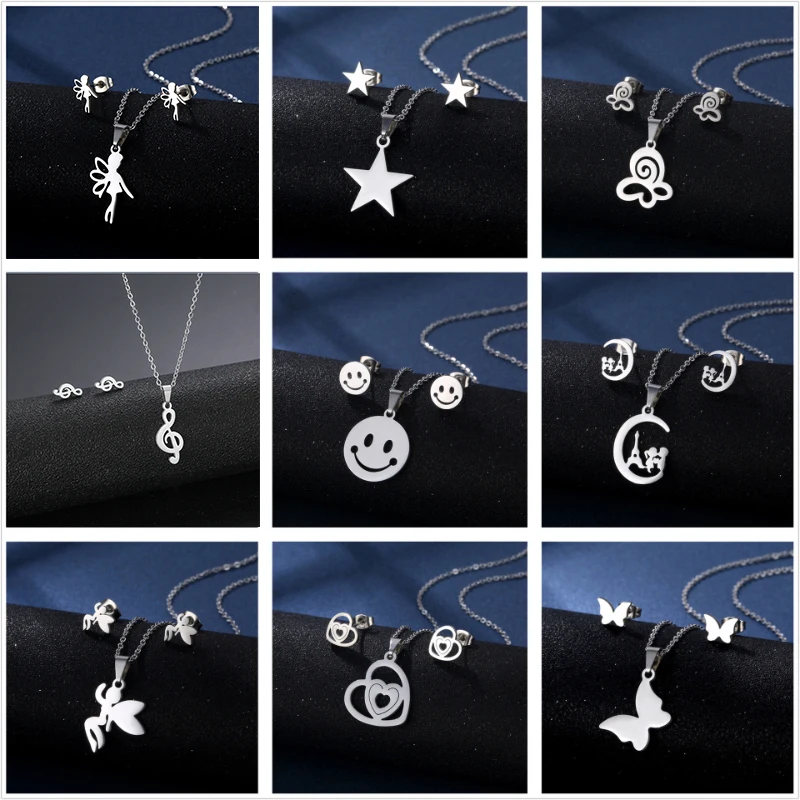 

Stainless Steel Necklace Earring Set for Women Fashion Geometric Simple Love Bear Metal Pendant Two Piece Jewelry Sets Wholesale