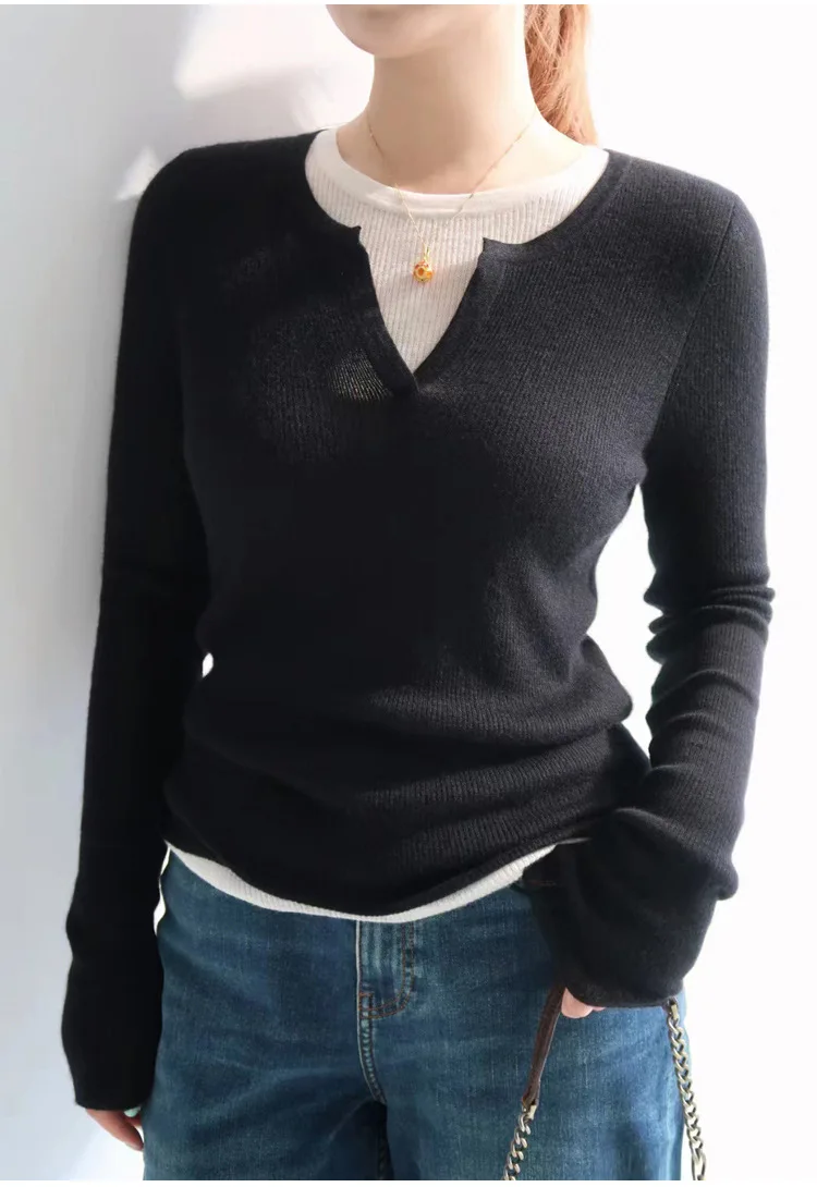 

Женский вязаный тонкий пуловер с круглым вырезом, искусственная шерсть из двух частей, с длинным рукавом, облегающий крой, осень, зима, новинка, 2023 г.