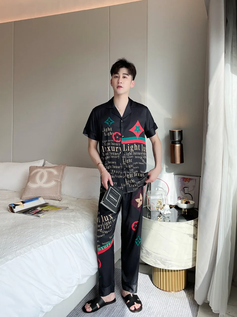 [Women's pajamas] [high-quality]New Couple Pajamas Men and Women's Spring/Summer Simulated Silk Thin Sweet Home Fur Set