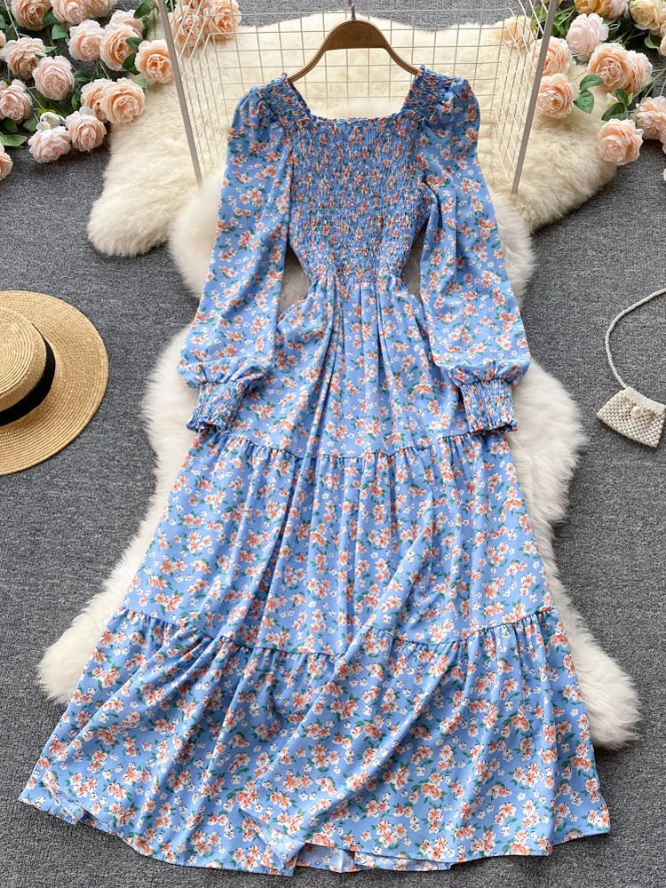 

YuooMuoo Women Dress Spring Autumn Romantic Floral Print Long Puff Sleeve Maxi Dress Chic Big Swing Korean Party Vestidos