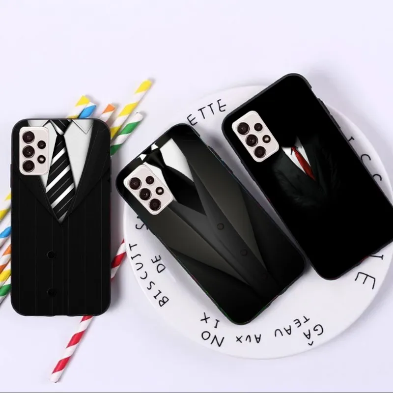 Man Suit Shirt Tie Phone Case For Samsung A91 A81 A73 A72 A71 A30S A20 A12 A13 A52 A53 4G 5G Soft Black Phone Cover