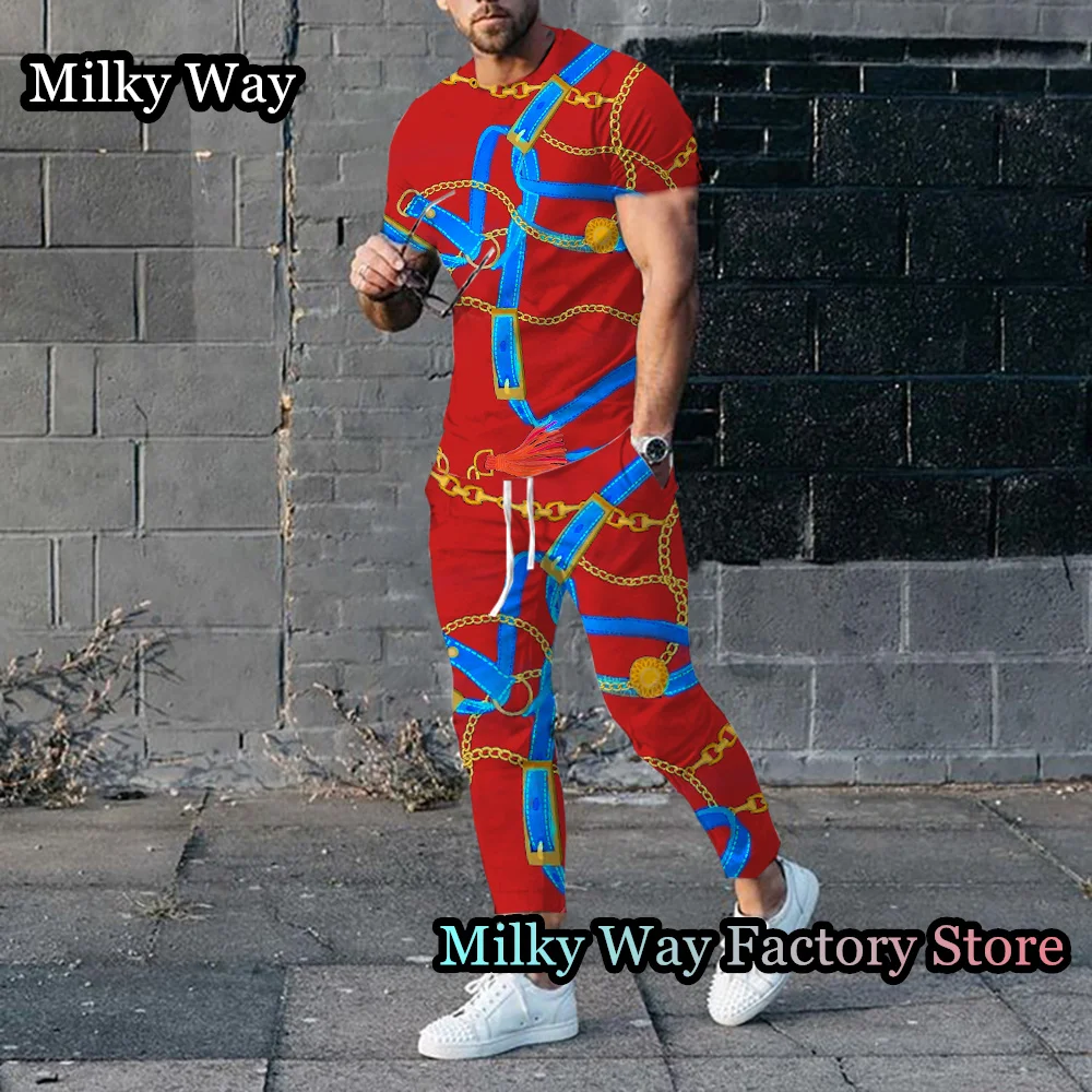 Men Luxury Chain T-Shirt Trousers Set Summer Tracksuit Male Fashion Outfit 2 Pieces Casual Streetwear Suit Vintage Clothing