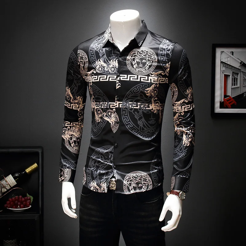 European And American Men'S Shirt Long Sleeve Fashion Brand Slim Fit Personality Print Spring And Autumn Stage Gentleman Simple