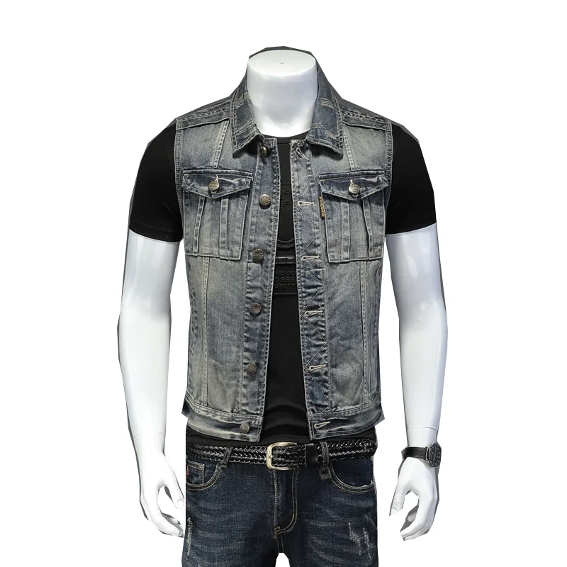 

Jaqueta retrô jeans masculina, casaco slim com gola no lapela, bolso sem mangas, estilo motocicleta, roupa de cowboy