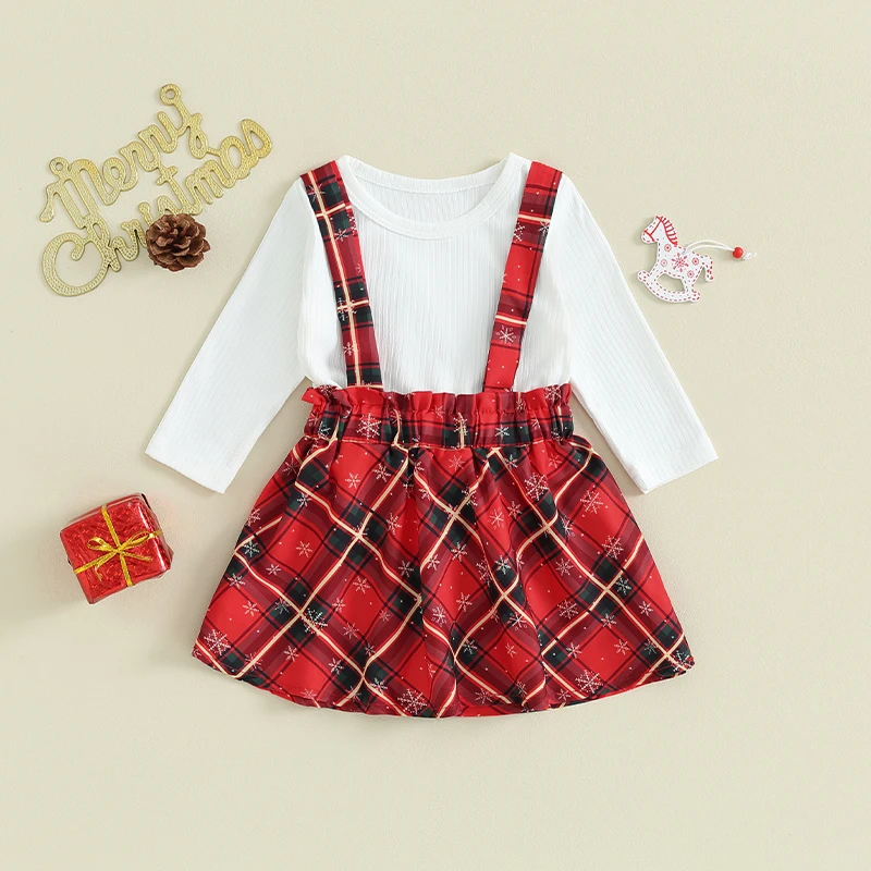 

Рождественская одежда для маленьких девочек, комплект из 2 предметов с юбкой на подтяжках, пуловер в рубчик с длинным рукавом, топ, клетчатая юбка, спереди