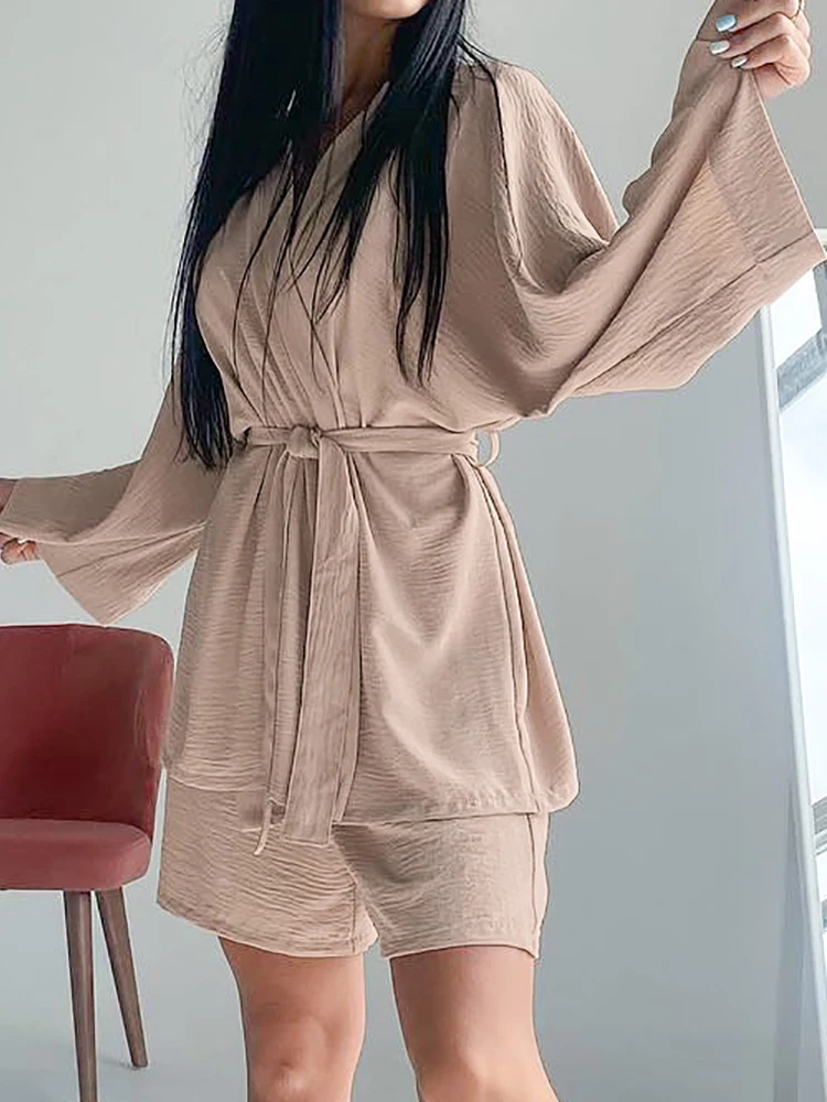 

Linad Apricot Pajamas For Women 2 Piece Sets Loose Long Sleeve Sleepwear Sashes Casual Female Suits With Shorts Autumn 2023