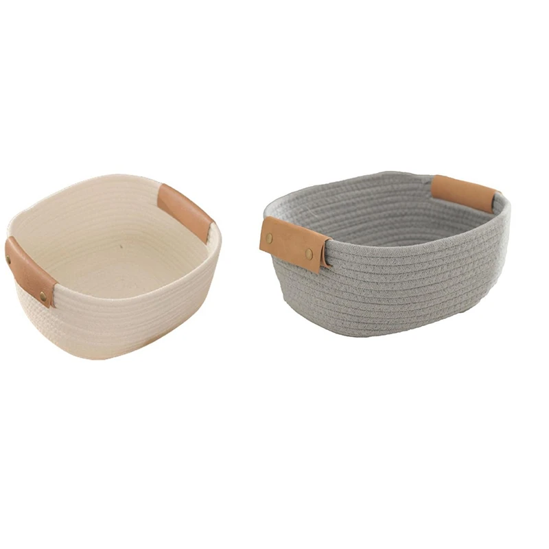 

2 Dirty Clothes Baskets Cotton Rope Woven Leather Handles Storage Baskets Laundry Household Laundry Baskets