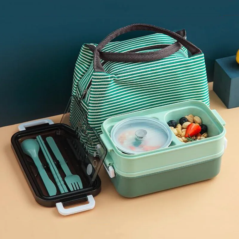 

Lunch Box With Insulation Bag 3 Layers Microwave Bento Box Outdoor Picnic Container with Fork Spoon For Student Office Worker
