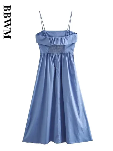 Blue Strap Dress Women Straight Collar Midi Vintage Sleeveless Off Shoulder Dresses 2023 Summer Backless Chic Female Dress