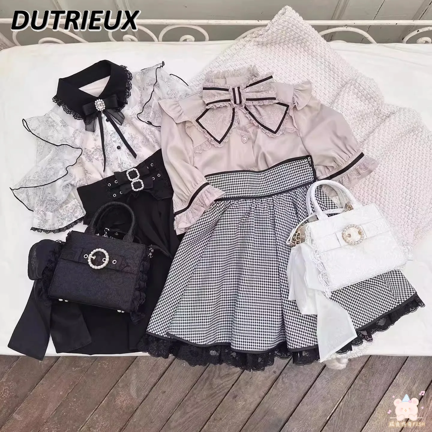 

Rojita Printed Flying Short Sleeve Organza Versatile Blouse Sweet Girls Brooch Bow Mine Mass-Produced Single-Breasted Shirt Top