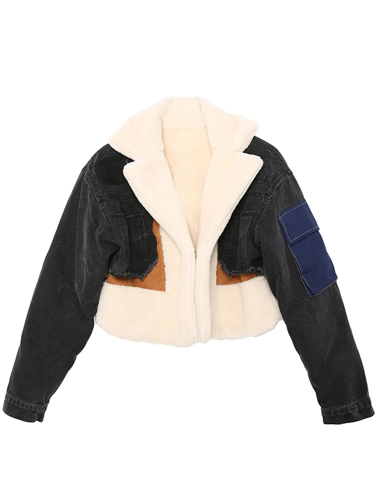 ZADORIN 2023 Winter Cropped Faux Wool Fur Jacket Women Patchwork Hit Color Motorcycle Denim Jacket With Woolen Inner Fur Coats