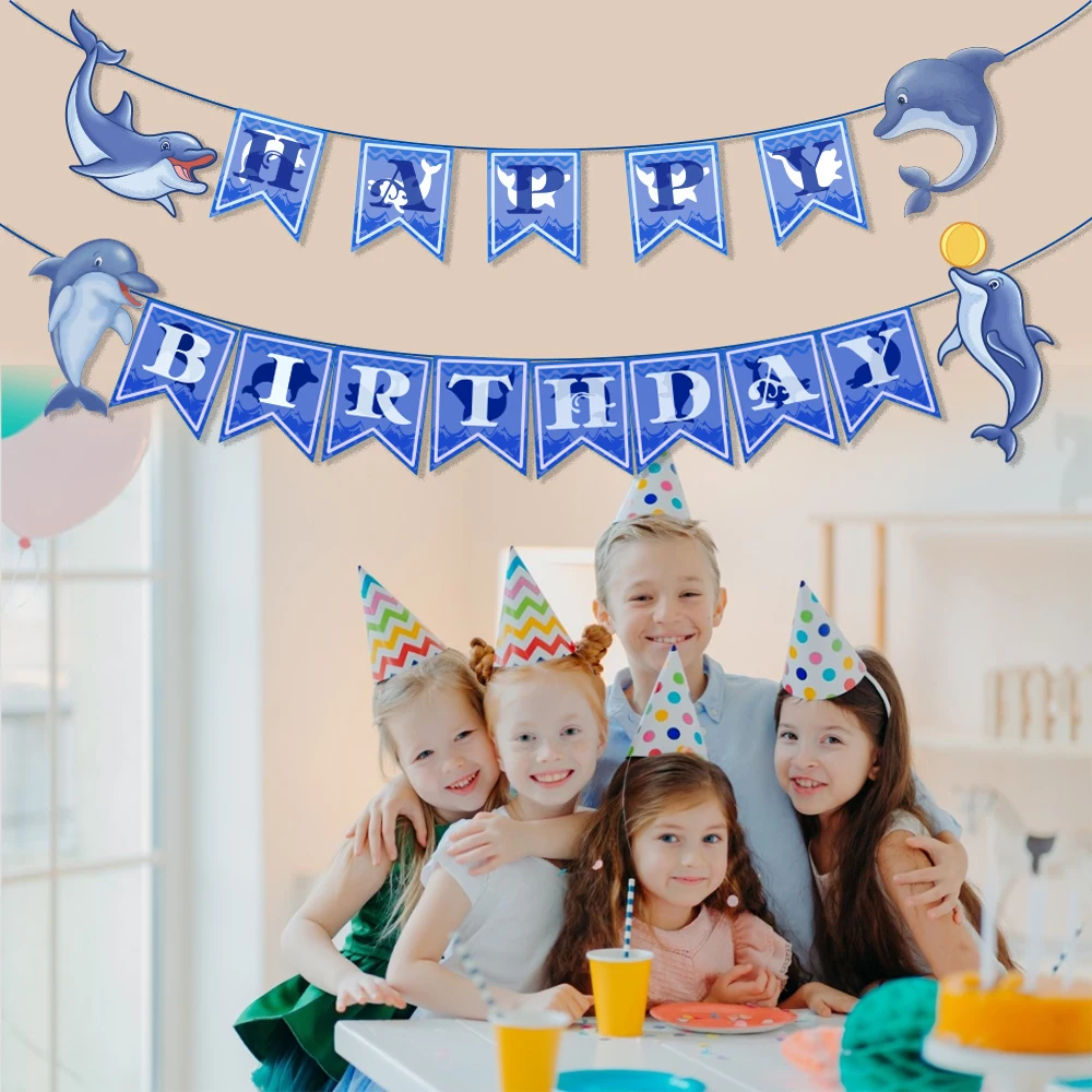 

Delphinus Cartoon Sea Animals Dolphin HAPPY BIRTHDAY Party DIY Backdrop Letter Hanging Banner Flag Baby Shower Party Decorations
