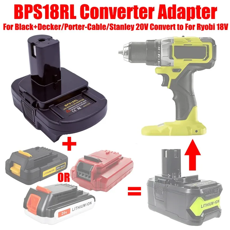 Фото Адаптер батареи ALASICKA BPS18RL для Black + Decker/Porter-Cable/Stanley, литиевая батарея 20 В для Ryobi 18 В One+, беспроводного инструмента №1