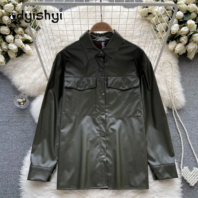

Leather Jacket Woman 2022 Autumn Winter New Mid Long Handsome Locomotive PU Leather Coat Lazy Wind Loose Jacket Female Tide YD65