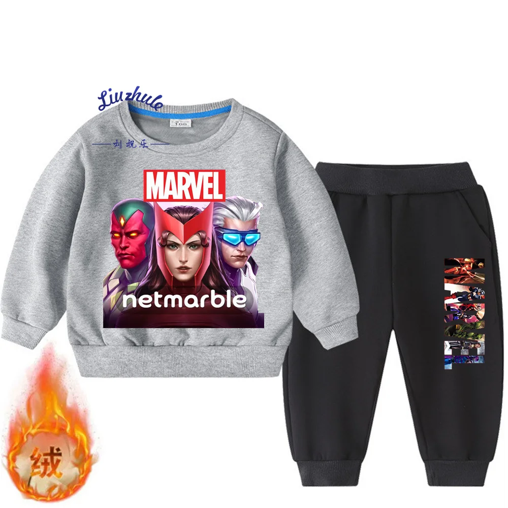 

Marvel Printing Keep warm suit Winter O-neck fleece-lined Unisex Casual Hoodies 2Pcs Set Toddler Cartoon Cotton Pullover+Pants