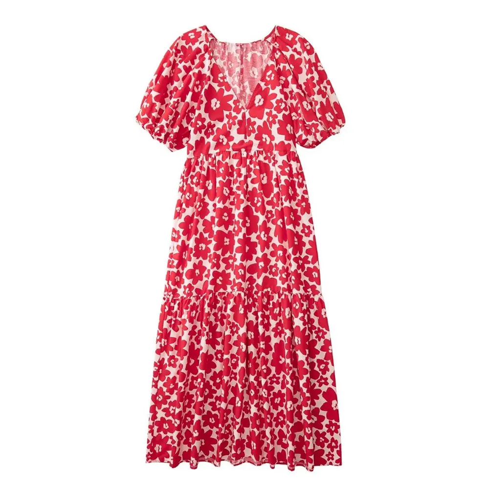 

MOYATIIY женское 2022 модное летнее платье с оборками Ретро Красные цветочные принты поплин платья Pluff Slevee женские платья