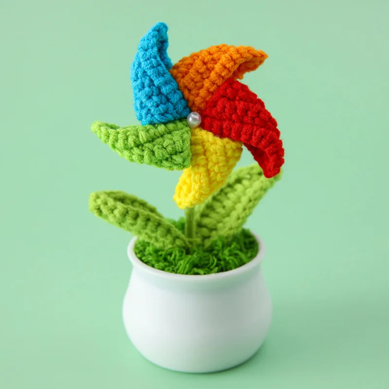 

1pc Rotatable Crochet Flowers Bonsai Artificial Potted Windmill Shape Plants Hand-knitted Crafts Desktop Ornament Home Decor