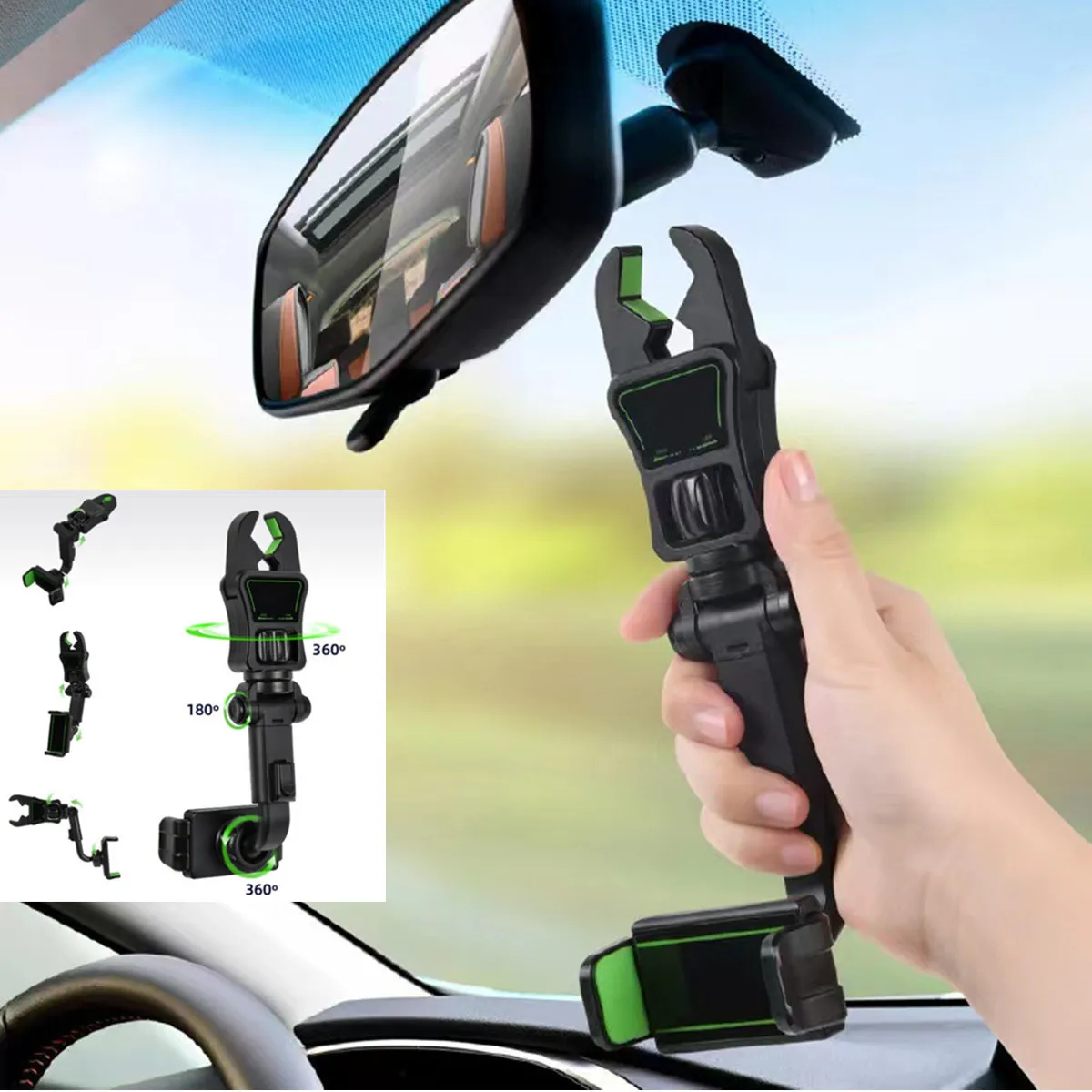 

360 Rotation Adjustable Cell Phone Holder Car Rearview Mirror Mount Seat Bracket
