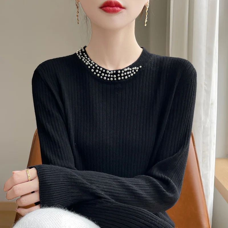 Женский однотонный пуловер в полоску шерстяной свитер с круглым вырезом и