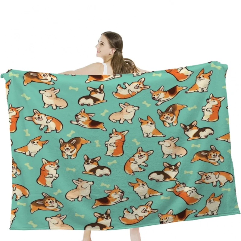 

Jolly Corgis in Green Throw Blanket Soft Velvet Blanket Travel Bedding Blanket