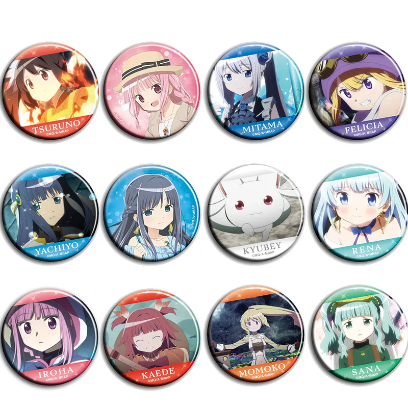 

12pcs/1lot Anime Magia Record Iroha Kaede Momoko Sana Figure 984 Metal Badges Round Brooch Pin Badge Bedge Gifts Kids Toy