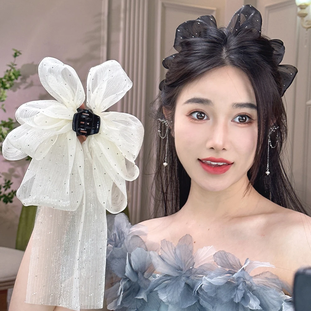 

Half-tied Hairpins DIY Barrettes Babysbreath Oversize Hair Claws Ribbon Gauze Bowknot Hair Clip Mesh Long Streamer Shark Clip