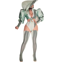 fashion green striped women puff sleeve coat shorts hat party stage perform costume festival drag queen clothing