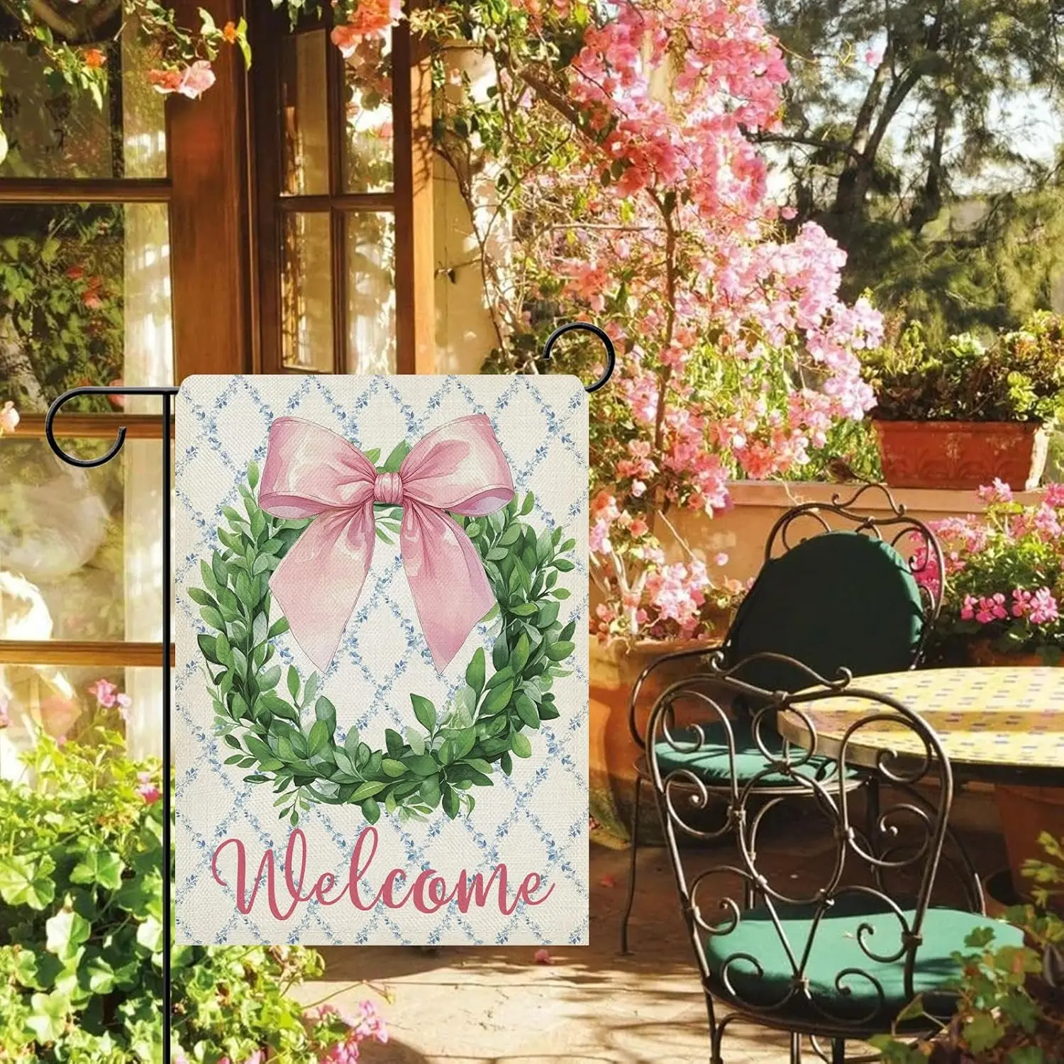 Фото Декоративный садовый флаг Dyrenson Welcome Pink Bow Wreath, с розовым бантом, листьями эвкалипта и лентой в стиле кокетель, для украшения двора и дома, Bot YYX №2