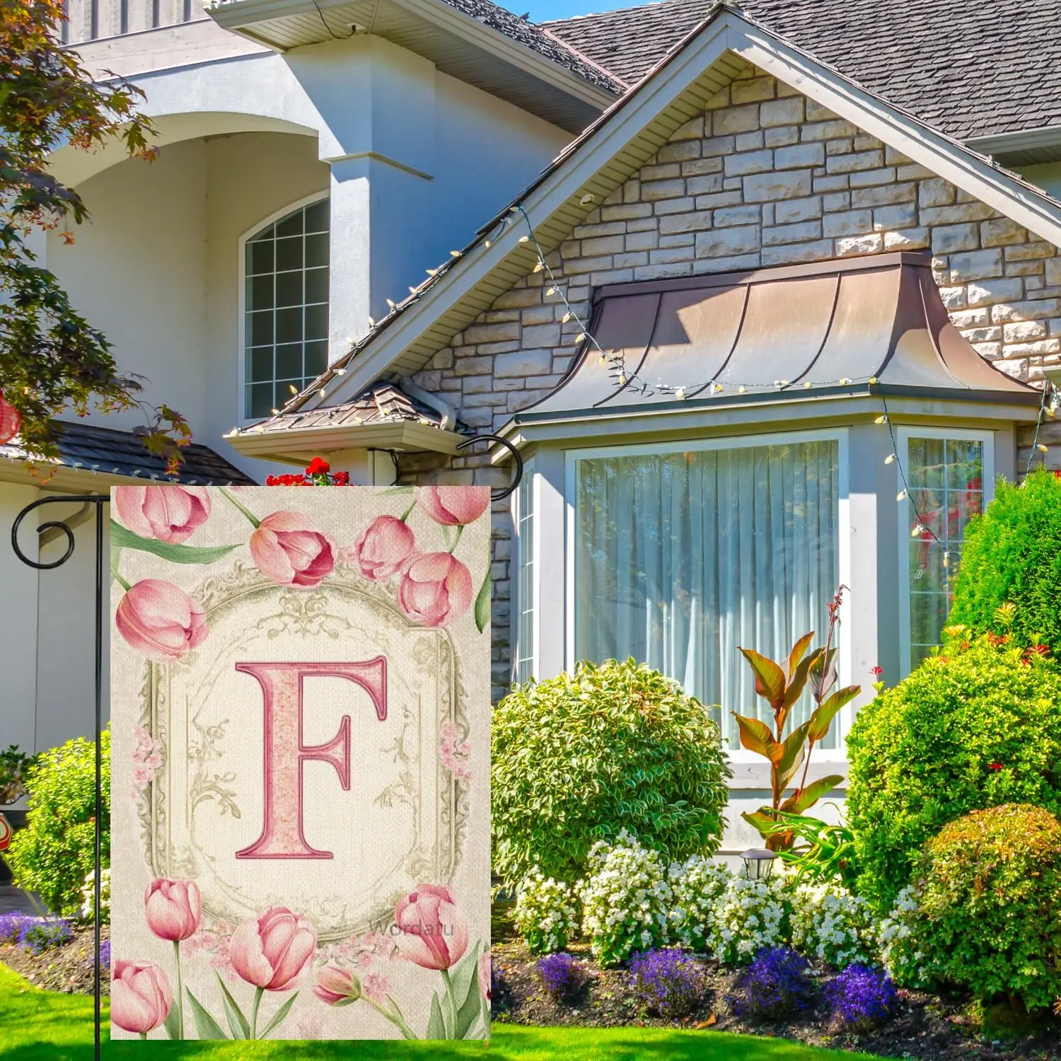 Фото Флаг для сада Wordatu Welcome Monogram F с цветочным узором и инициалами, уличный флаг для сада на весну-лето, 12x18 дюймов, двусторонний, Family GGO №4