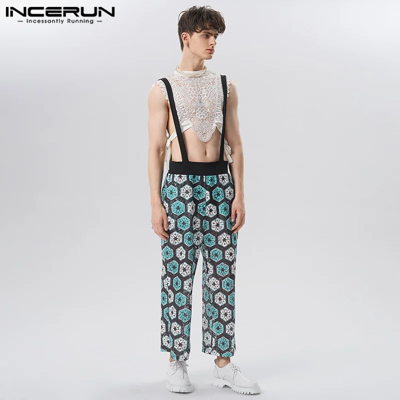 

INCERUN Men Jumpsuits Printing Patchwork Suspenders Rompers Streetwear Loose 2023 See Through Casual Wide Leg Overalls S-5XL