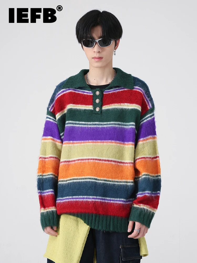 

IEFB Men's Sweater Autumn Spring New Rainbow Contrast Stripe Turn-down Collar 2023 Long Sleeve Casual Male Pullover 9A5584
