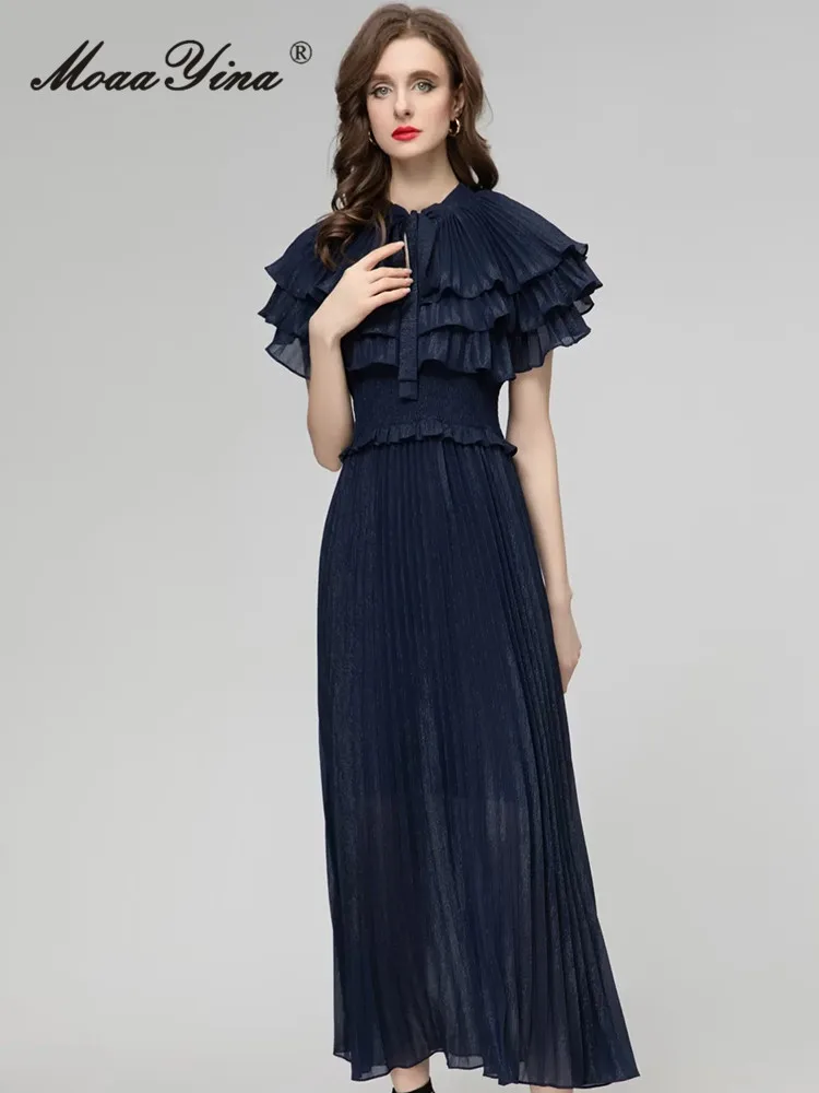 MoaaYina весеннее модное подиумное темно-синее винтажное плиссированное платье для