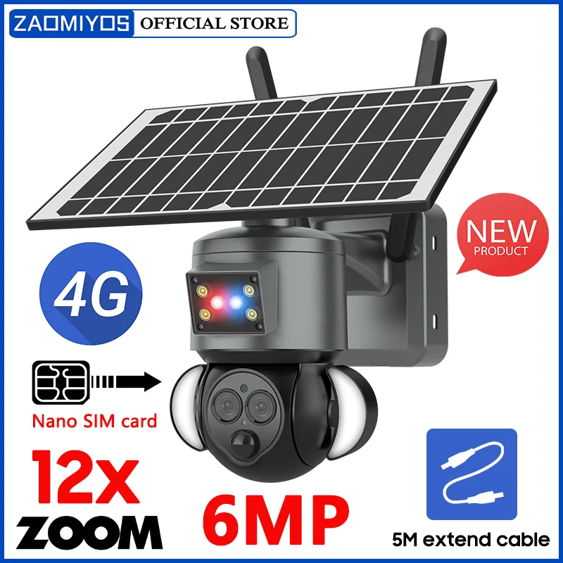 ZAOMIYOS 6MP 3K 12X Zoom Wireless Outdoor Solar Camera 4G SIM Dual Lens PIR CCTV Security Monitor camera for Farm Yard Field
