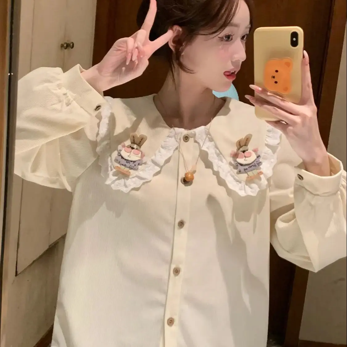 Рубашка с длинными рукавами и кукольным воротником женская рубашка в корейском