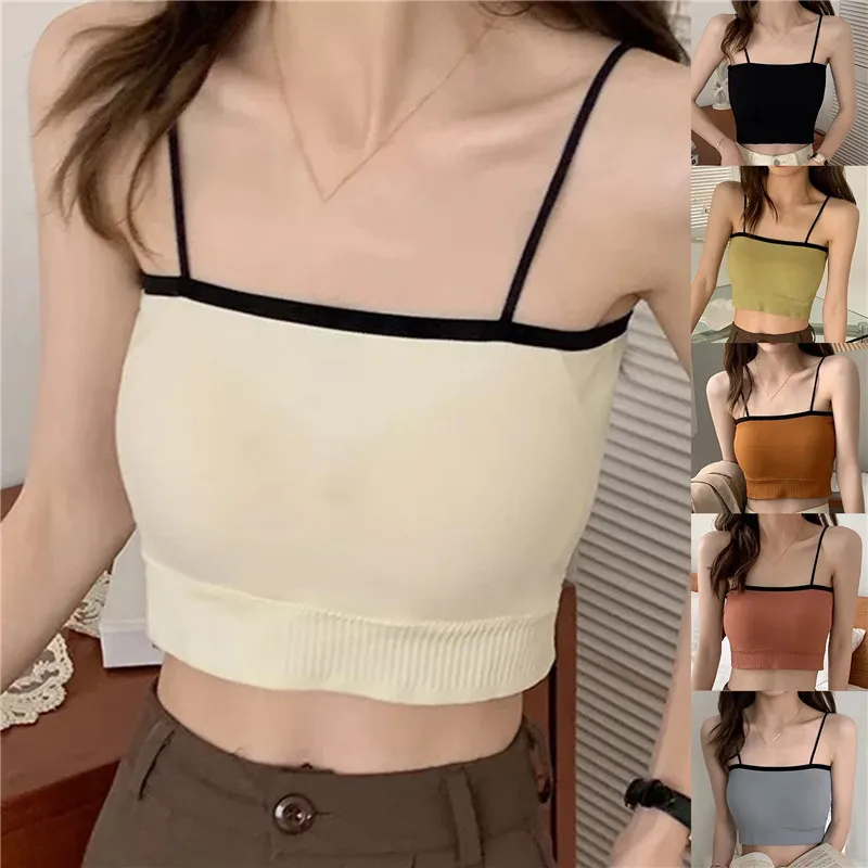 

Women Patchwork Tank Top Korean Style Seamless Crop Tops Underwear Cami Thin Shoulder Strap Top Tubes Beautiful Back Wrap Chest