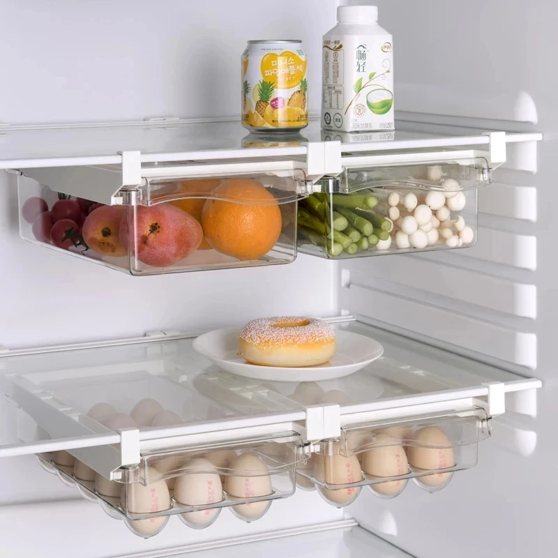 

2pcs Kitchen Gadgets Fruit Food Storage Box Fridge Organizer Under-shelf Refrigerator Drawer Box Fresh Spacer Layer Egg Rack