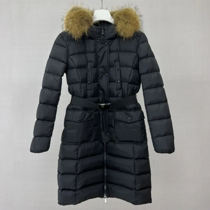 Зимний женский длинный пуховик с воротником из лисьего меха и капюшоном