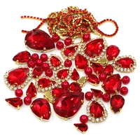 new fashion red 50pcsbag gold claw drop mix shape size crystal rhinestonespearlcup chain for wedding dress jewelry making