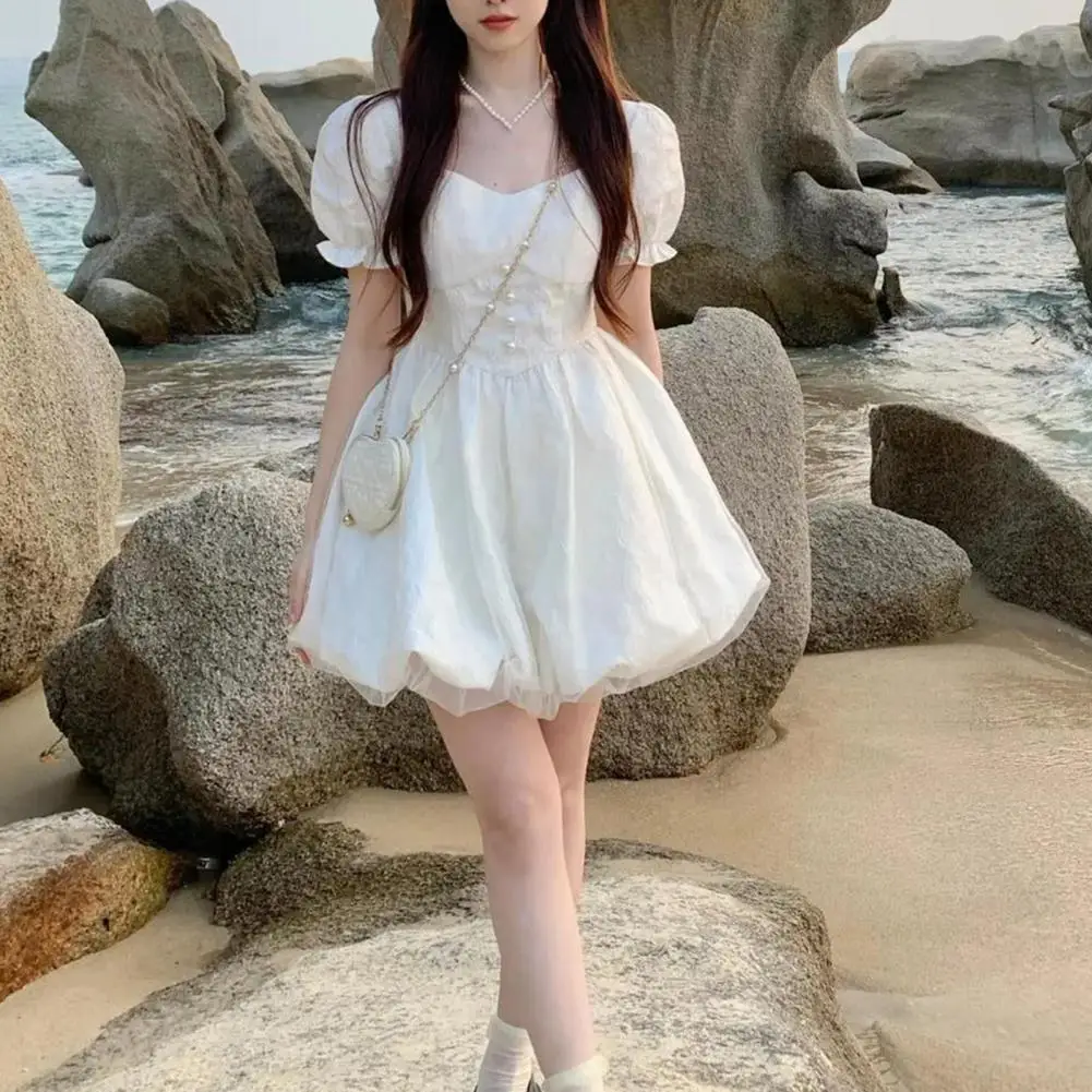 

Women Dress Lady Loose Hem Dress Stylish A-line V Neck Dress with Bubble Sleeves Faux Pearl Decor Double Layers for Lady Dating